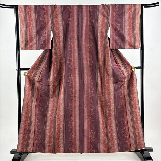 【美品】 紬織 身長161cm 袖長65cm M 雙層 證書在 葡萄 縱條 紅紫 純蠶絲 優品級