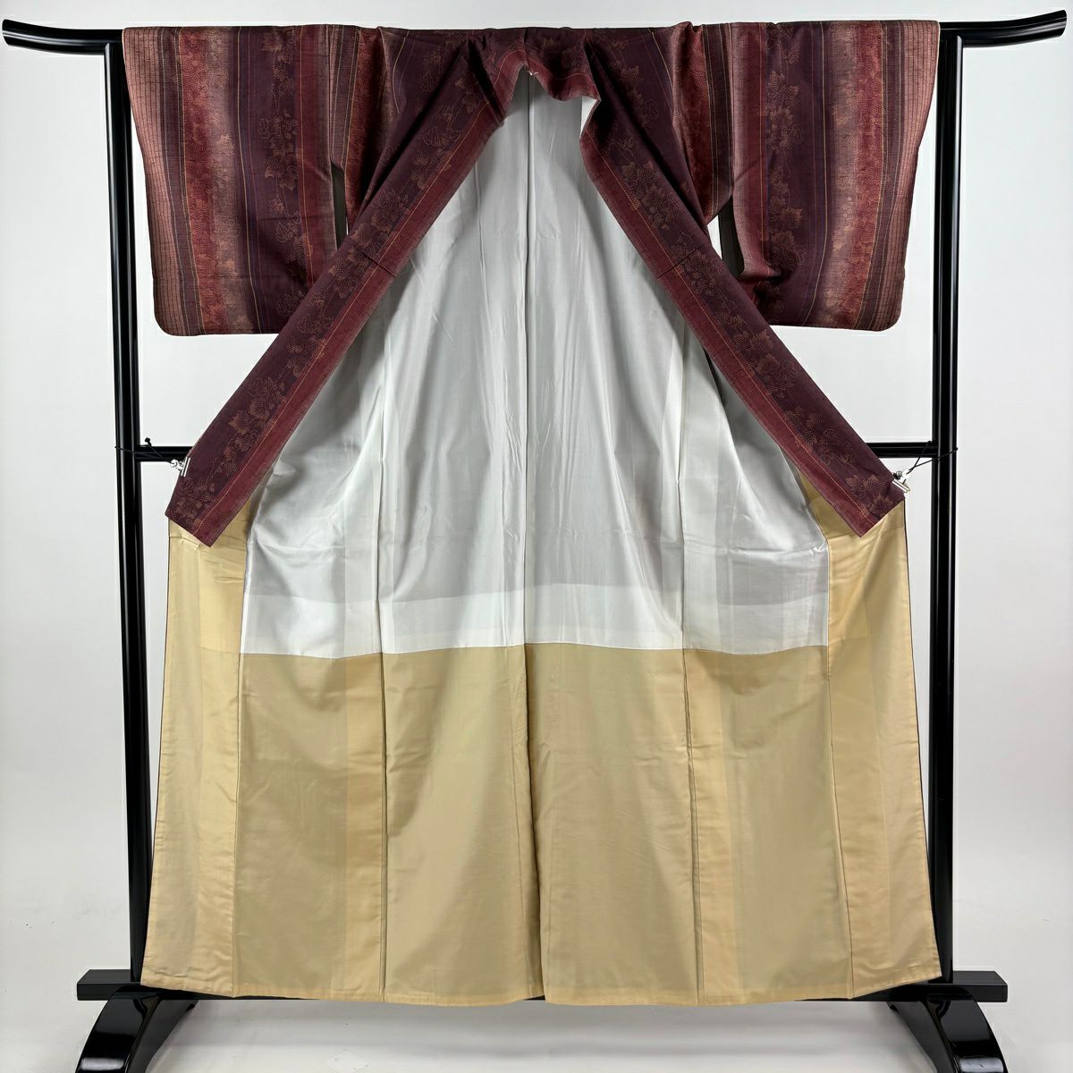 【美品】 紬織 身長161cm 袖長65cm M 雙層 證書在 葡萄 縱條 紅紫 純蠶絲 優品級