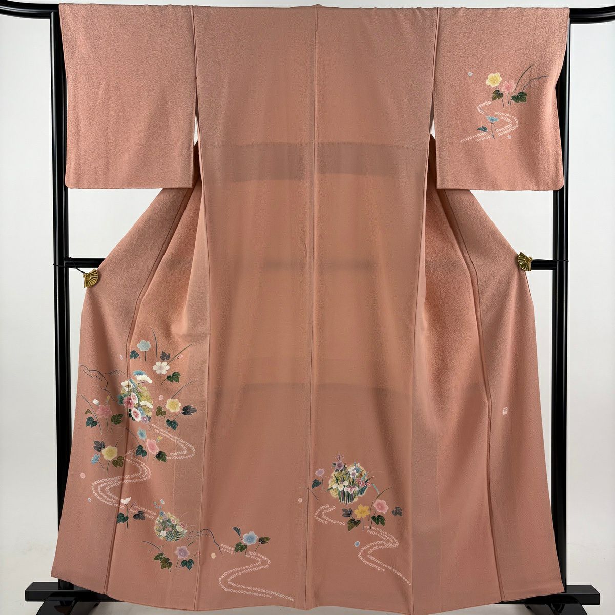 付下 身長160cm 袖長67cm M 雙層 落款 草花紋紋 流水 金彩裝飾 粉紅 純蠶絲 秀品級
