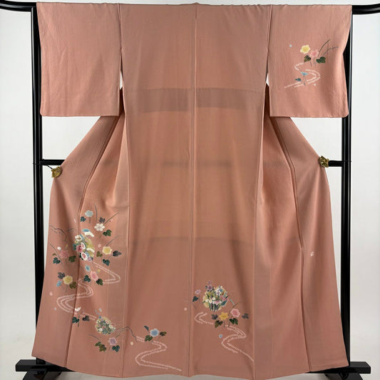 付下 身長160cm 袖長67cm M 雙層 落款 草花紋紋 流水 金彩裝飾 粉紅 純蠶絲 秀品級