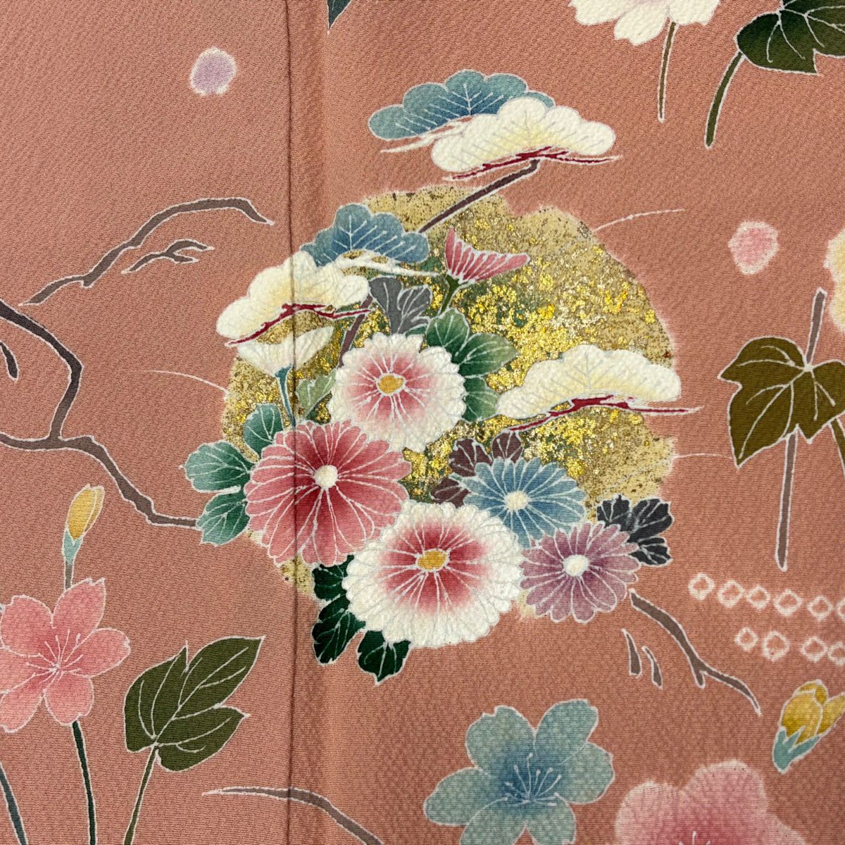 付下 身長160cm 袖長67cm M 雙層 落款 草花紋紋 流水 金彩裝飾 粉紅 純蠶絲 秀品級