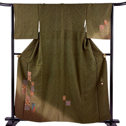 【美品】 付下 身長160cm 袖長65cm M 雙層 落款あり 華紋 文字文 金銀彩 漸層 焦茶 純蠶絲 秀品級