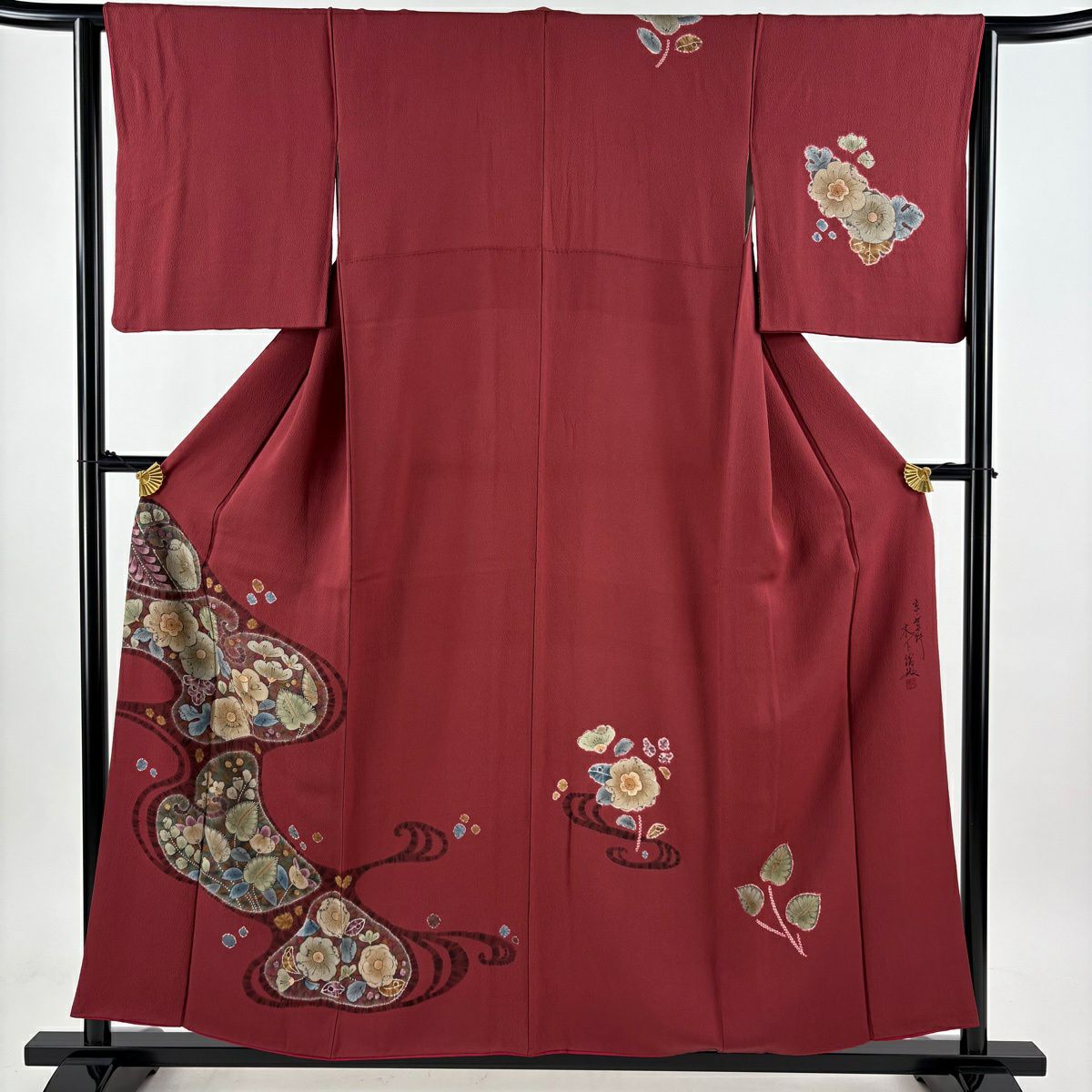 付下 身長155.5cm 袖長63.5cm S 雙層 落款 草花紋紋 水面 漸層 絞染 紅 純蠶絲 優品級