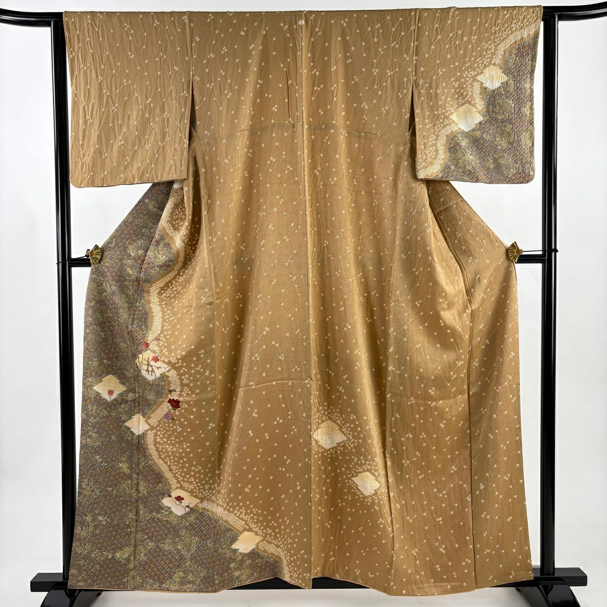 訪問服 身長159cm 袖長63.5cm S 雙層 草花紋紋 松樹川菱 金銀彩 絞染 淺茶 純蠶絲 秀品級 一つ紋