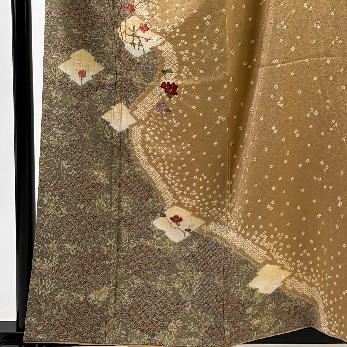 訪問服 身長159cm 袖長63.5cm S 雙層 草花紋紋 松樹川菱 金銀彩 絞染 淺茶 純蠶絲 秀品級 一つ紋