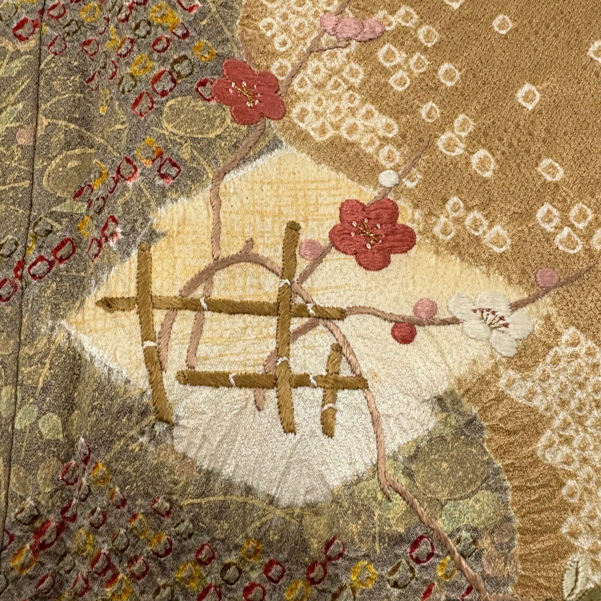 訪問服 身長159cm 袖長63.5cm S 雙層 草花紋紋 松樹川菱 金銀彩 絞染 淺茶 純蠶絲 秀品級 一つ紋