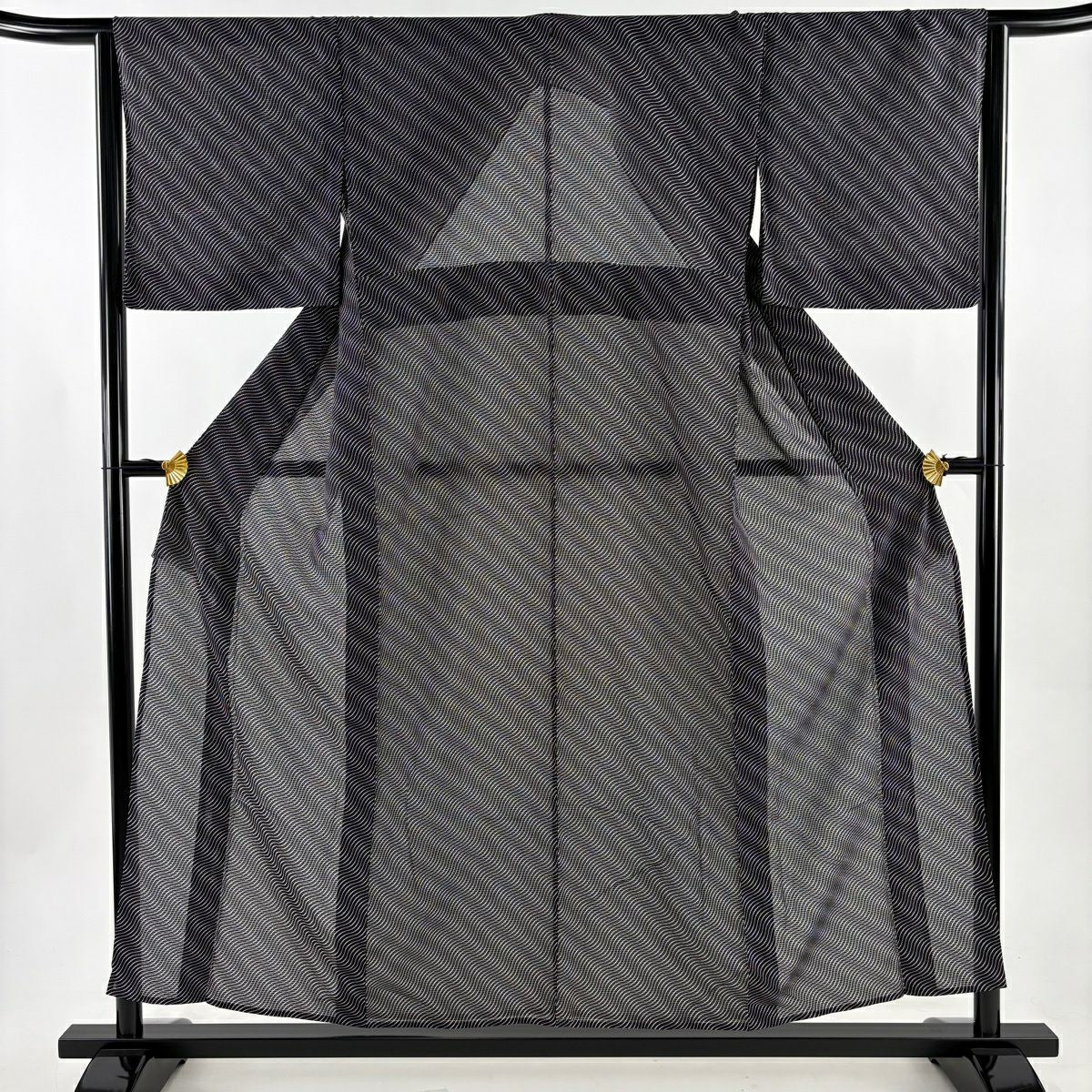 【美品】 小紋 身長155cm 袖長64.5cm M 薄物 絽 幾何學圖案 黑 純蠶絲 秀品級