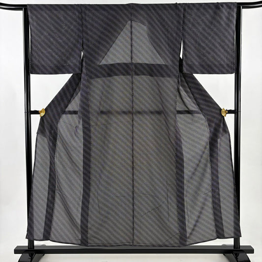 【美品】 小紋 身長155cm 袖長64.5cm M 薄物 絽 幾何學圖案 黑 純蠶絲 秀品級