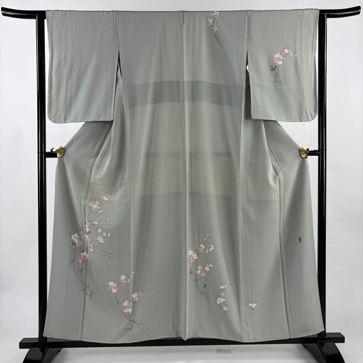 付下 身長156.5cm 袖長62cm S 雙層 落款有 枝花 灰綠 純蠶絲 秀品級