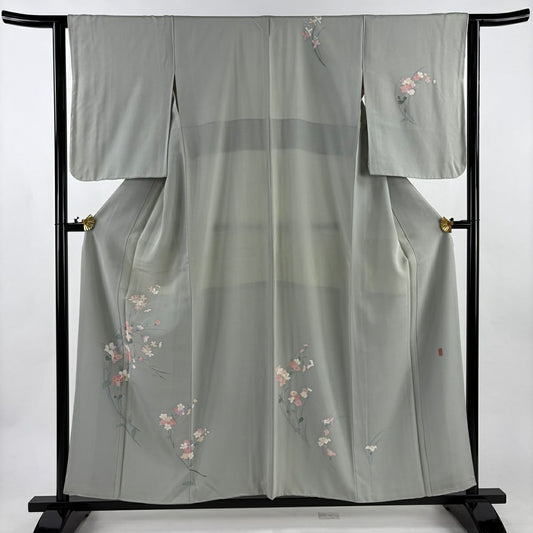 付下 身長156.5cm 袖長62cm S 雙層 落款有 枝花 灰綠 純蠶絲 秀品級