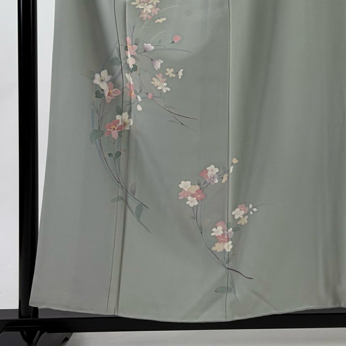 付下 身長156.5cm 袖長62cm S 雙層 落款有 枝花 灰綠 純蠶絲 秀品級