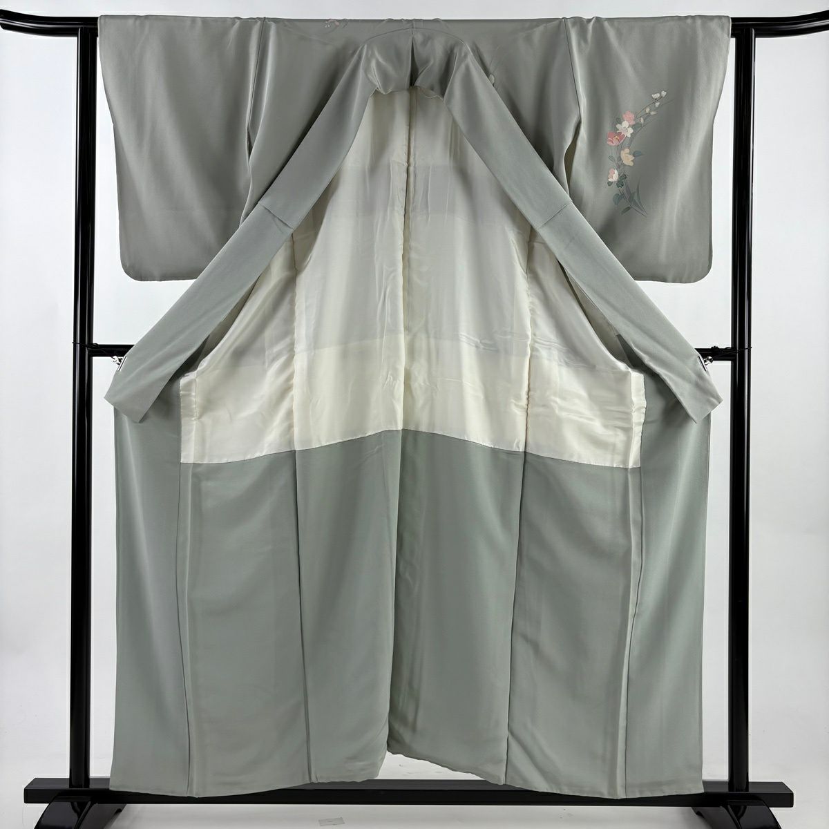 付下 身長156.5cm 袖長62cm S 雙層 落款有 枝花 灰綠 純蠶絲 秀品級