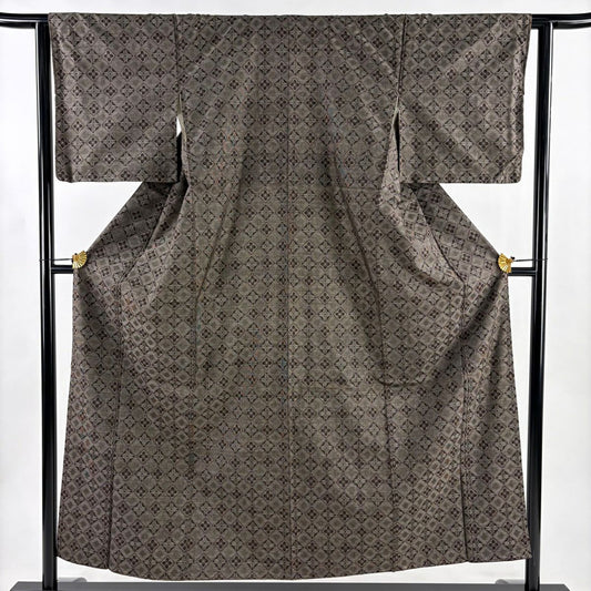 紬織 身長153.5cm 袖長63cm S 雙層 菱花 焦茶 純蠶絲 秀品級