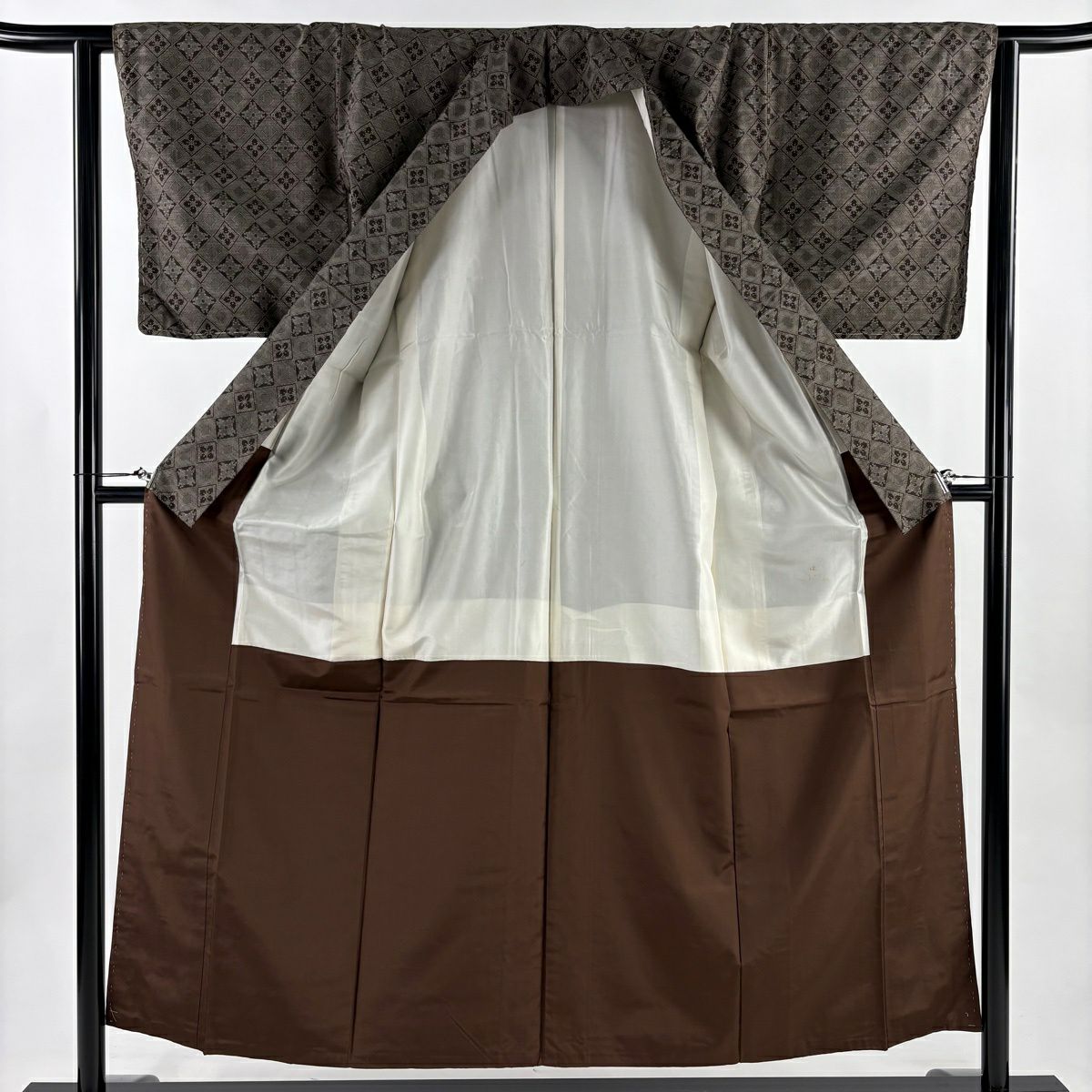 紬織 身長153.5cm 袖長63cm S 雙層 菱花 焦茶 純蠶絲 秀品級