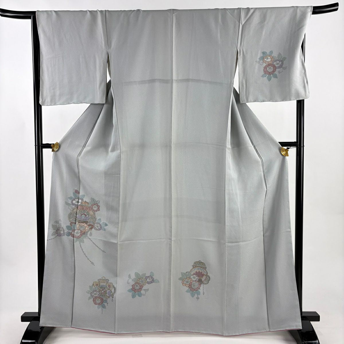 付下 身長165cm 袖長68cm L 雙層 草花紋紋 金糸刺繡 灰 純蠶絲 秀品級
