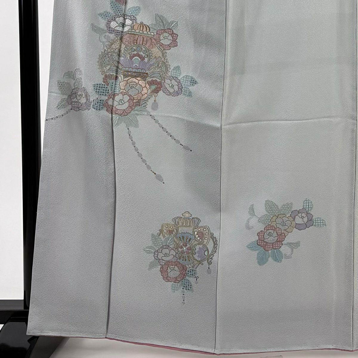 付下 身長165cm 袖長68cm L 雙層 草花紋紋 金糸刺繡 灰 純蠶絲 秀品級