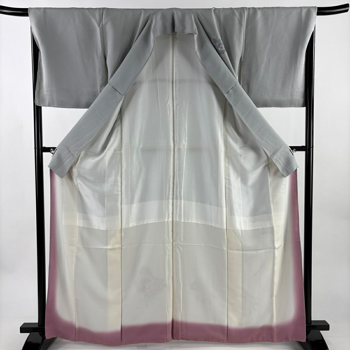 付下 身長165cm 袖長68cm L 雙層 草花紋紋 金糸刺繡 灰 純蠶絲 秀品級