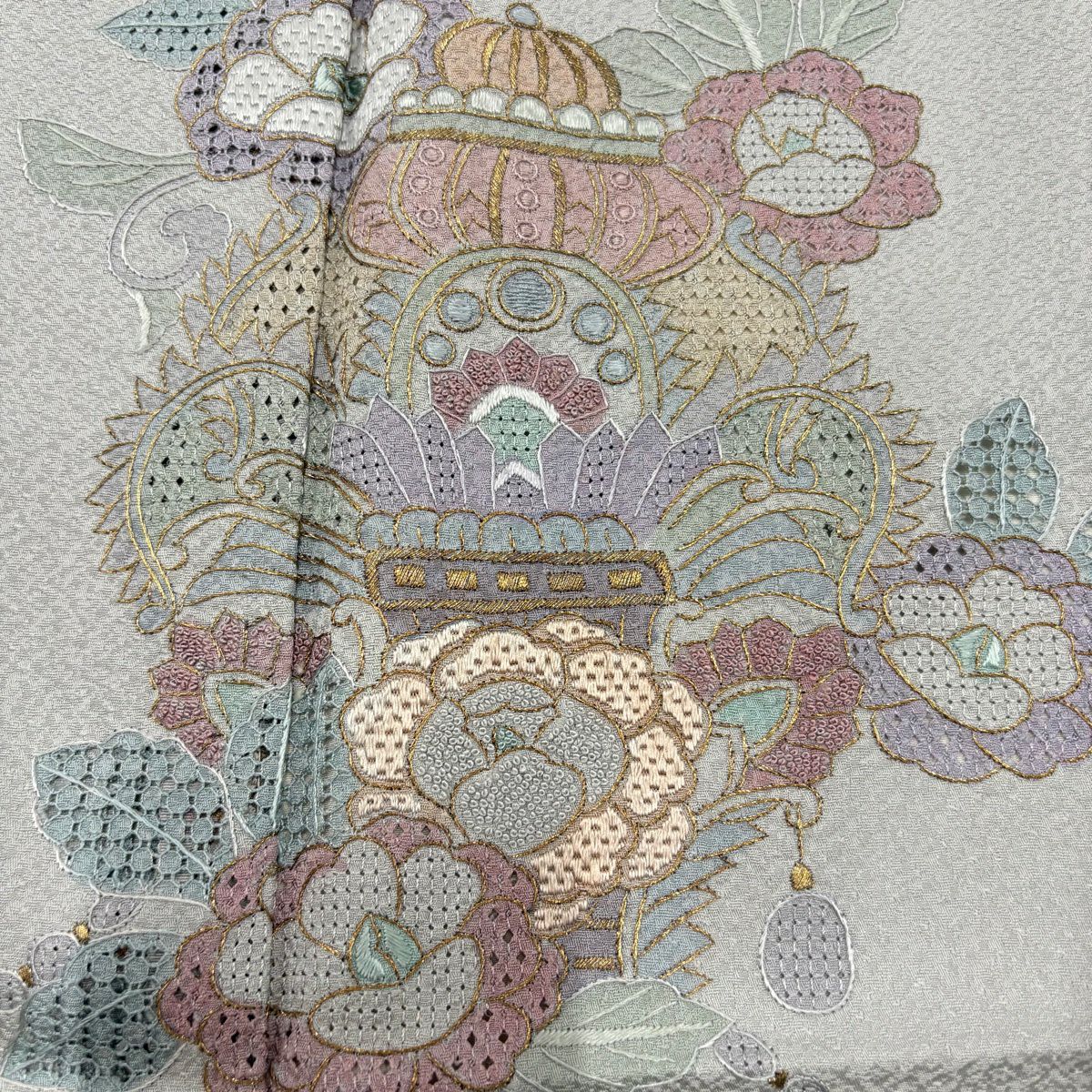 付下 身長165cm 袖長68cm L 雙層 草花紋紋 金糸刺繡 灰 純蠶絲 秀品級