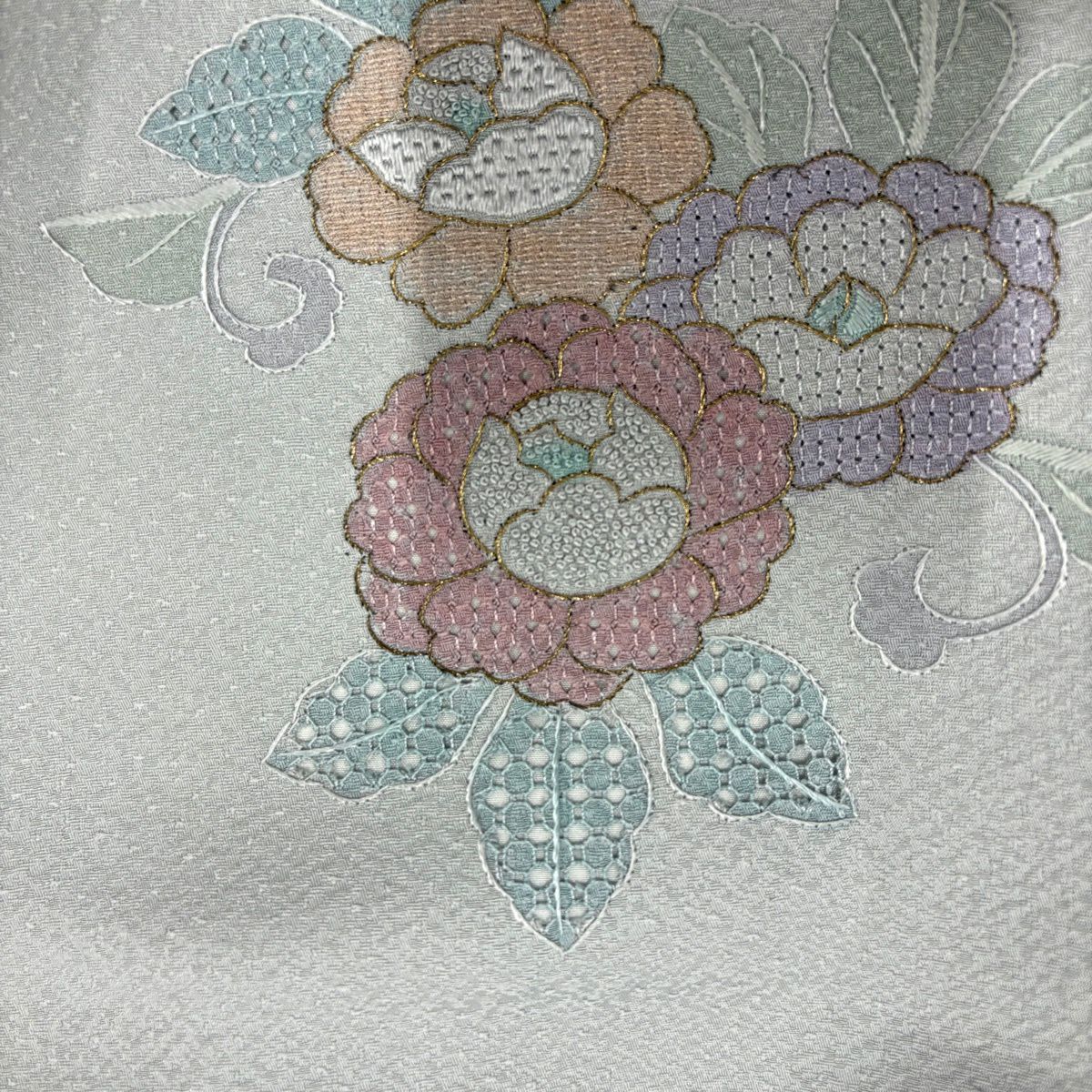 付下 身長165cm 袖長68cm L 雙層 草花紋紋 金糸刺繡 灰 純蠶絲 秀品級