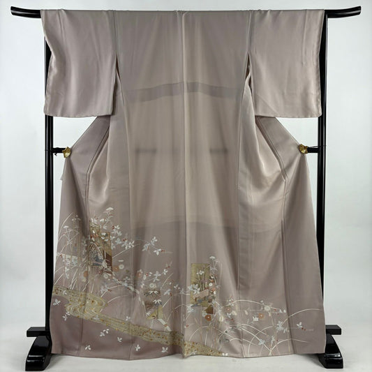 色留袖禮服 身長170cm 袖長67cm M 雙層 大和 短冊 草花紋紋 金絲 金銀彩 淺粉色 純蠶絲 優品級