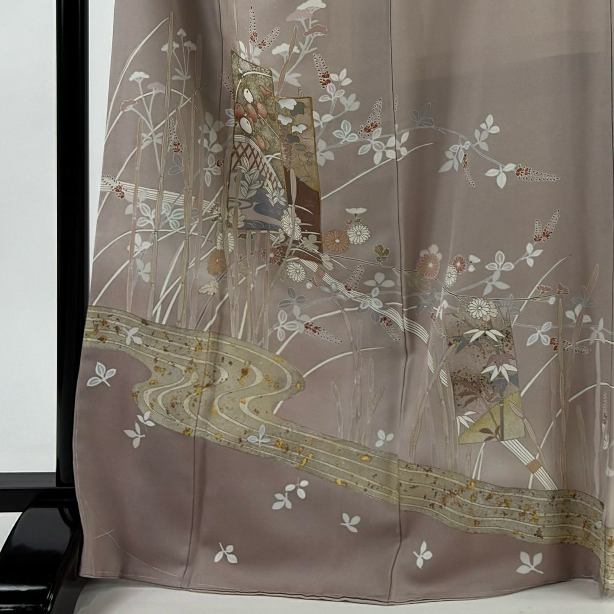 色留袖禮服 身長170cm 袖長67cm M 雙層 大和 短冊 草花紋紋 金絲 金銀彩 淺粉色 純蠶絲 優品級