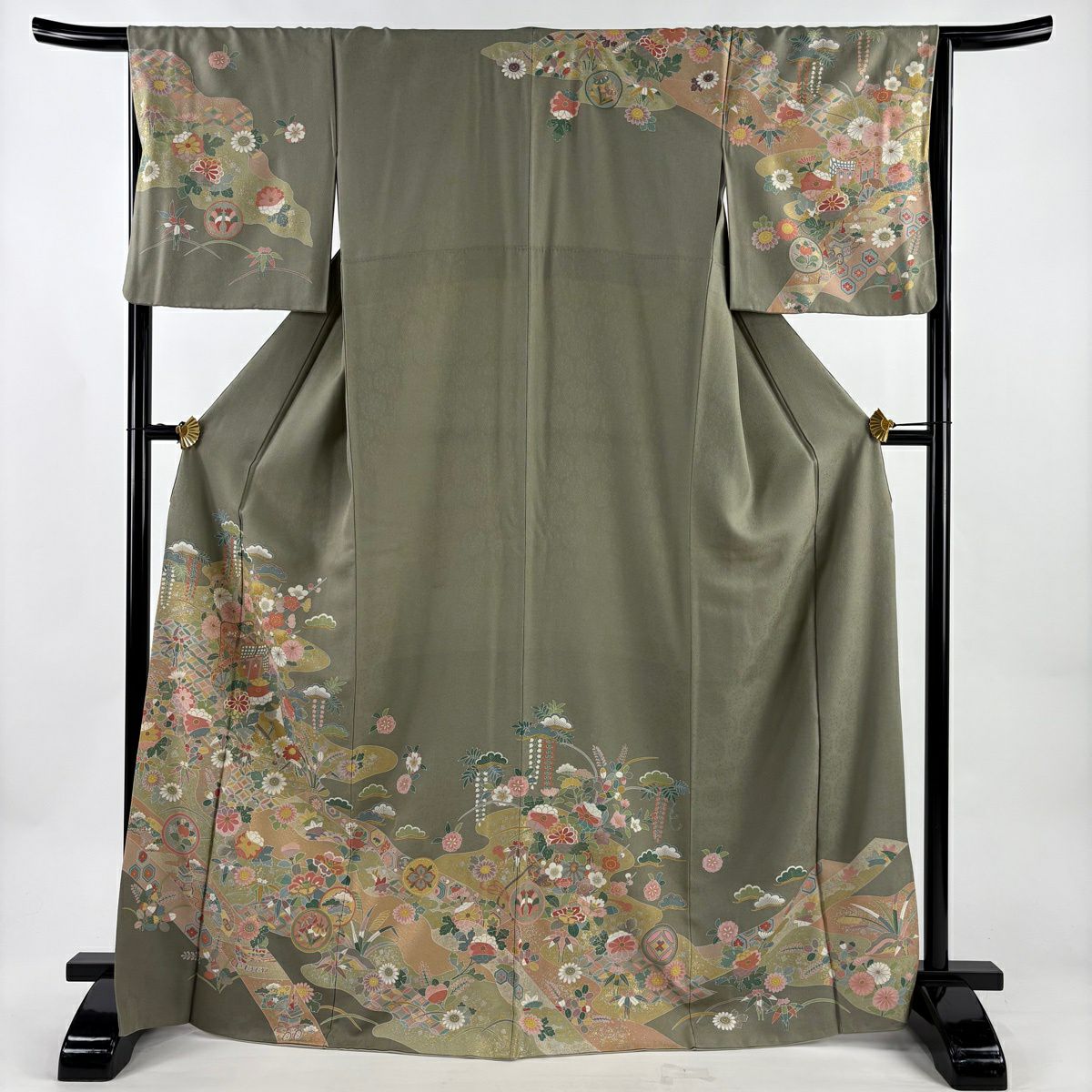訪問服 身長169cm 袖長66.5cm M 雙層 御所車 草花紋紋 金銀彩 灰綠 純蠶絲 秀品級