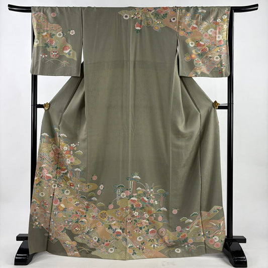 訪問服 身長169cm 袖長66.5cm M 雙層 御所車 草花紋紋 金銀彩 灰綠 純蠶絲 秀品級