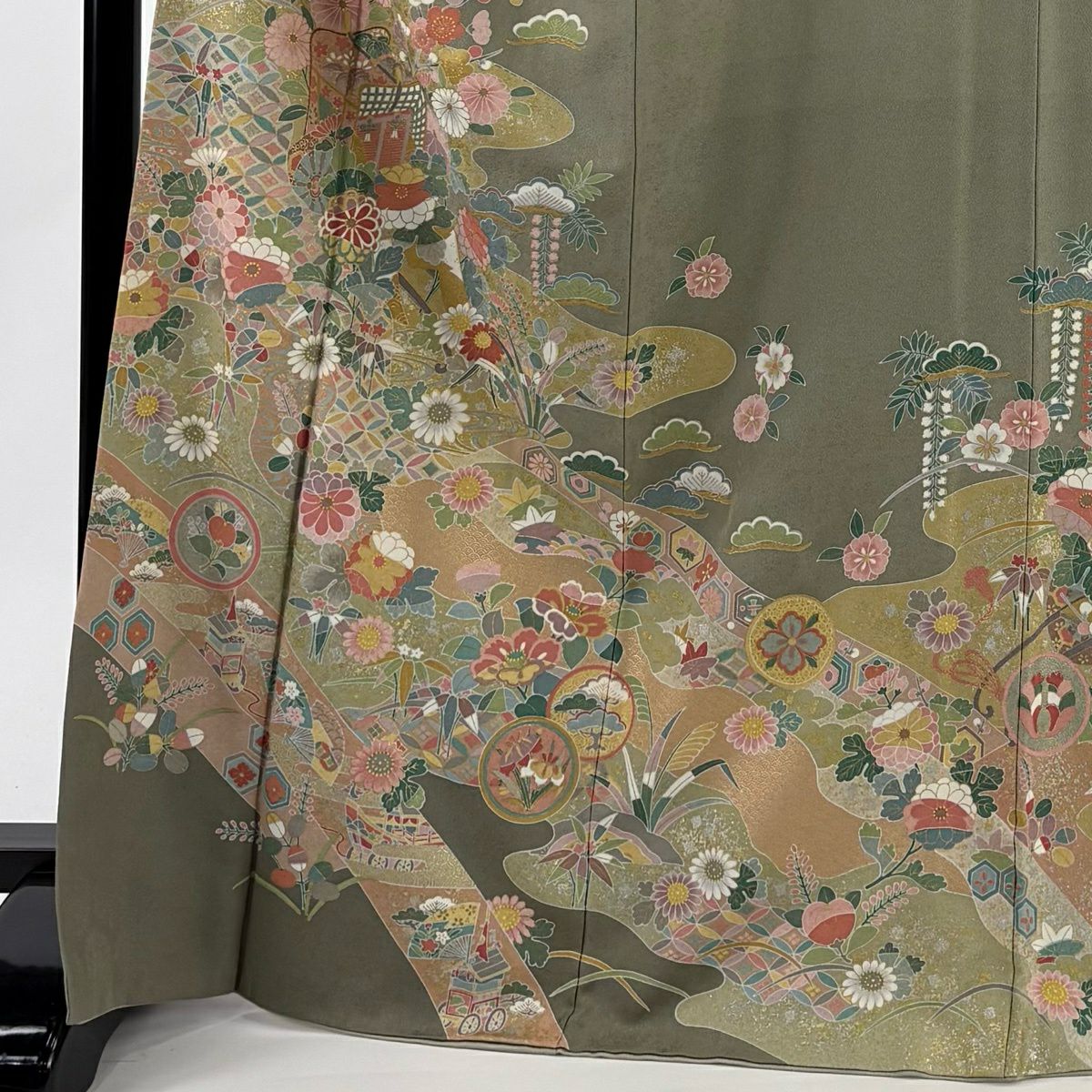 訪問服 身長169cm 袖長66.5cm M 雙層 御所車 草花紋紋 金銀彩 灰綠 純蠶絲 秀品級