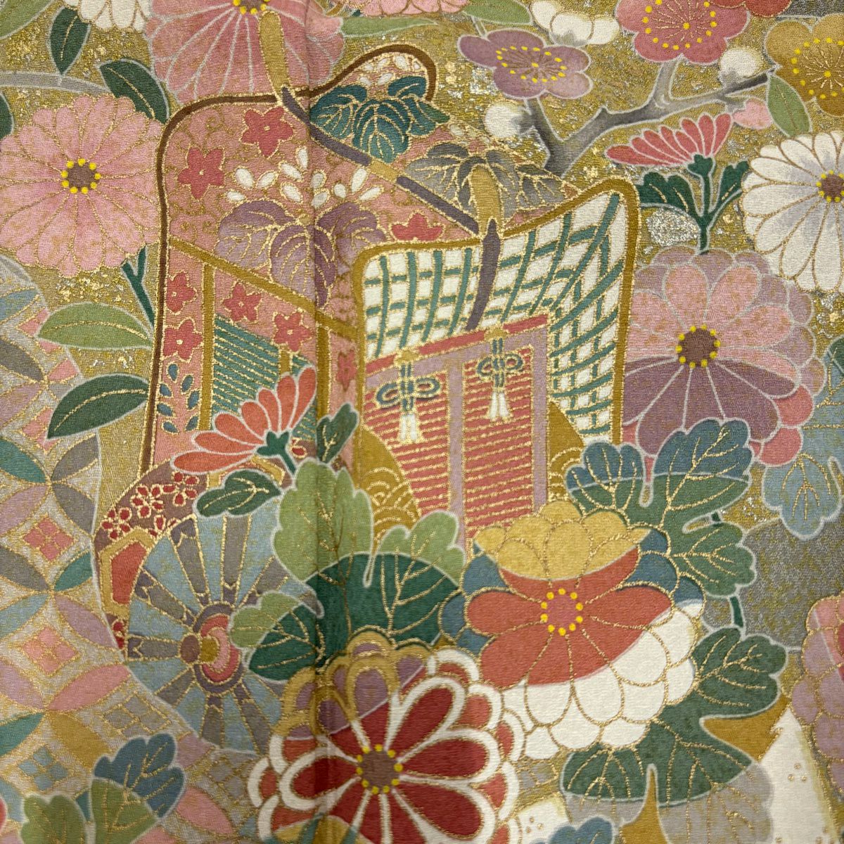 訪問服 身長169cm 袖長66.5cm M 雙層 御所車 草花紋紋 金銀彩 灰綠 純蠶絲 秀品級