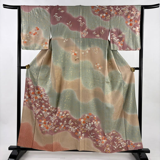 【美品】訪問服 身長158cm 袖長63.5cm S 雙層 秋草 金彩裝飾 染分 灰綠 純蠶絲 秀品級