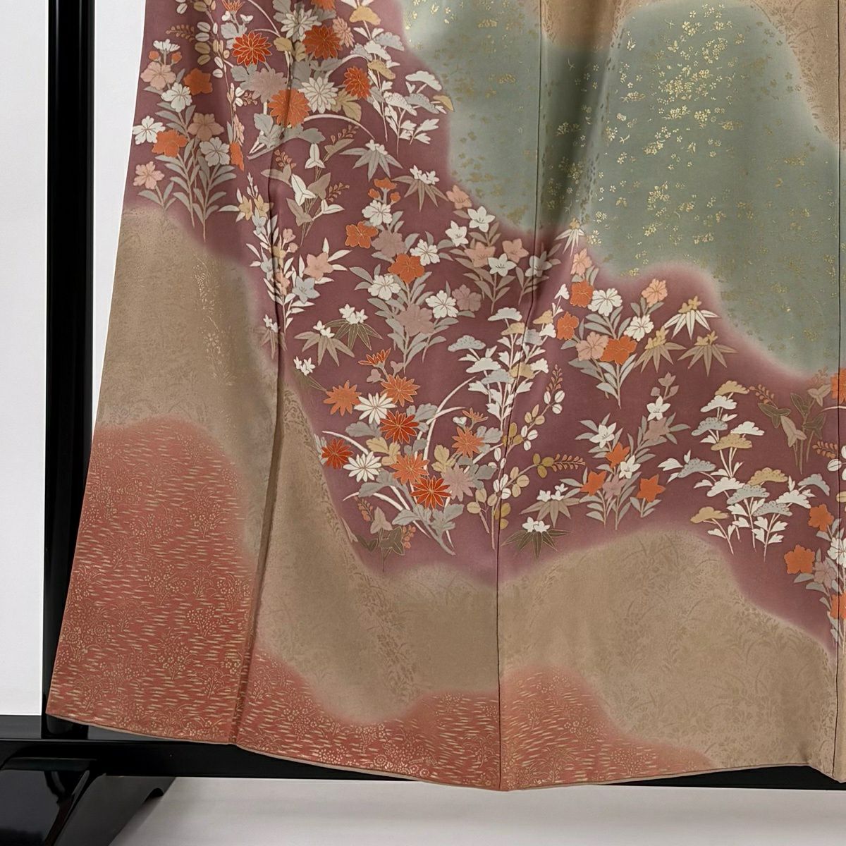 【美品】訪問服 身長158cm 袖長63.5cm S 雙層 秋草 金彩裝飾 染分 灰綠 純蠶絲 秀品級