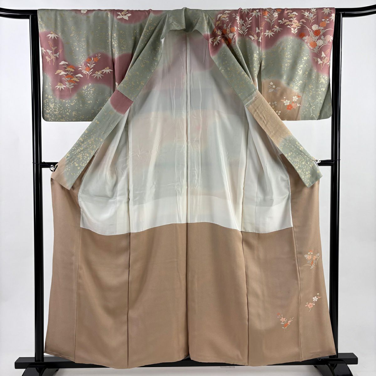 【美品】訪問服 身長158cm 袖長63.5cm S 雙層 秋草 金彩裝飾 染分 灰綠 純蠶絲 秀品級