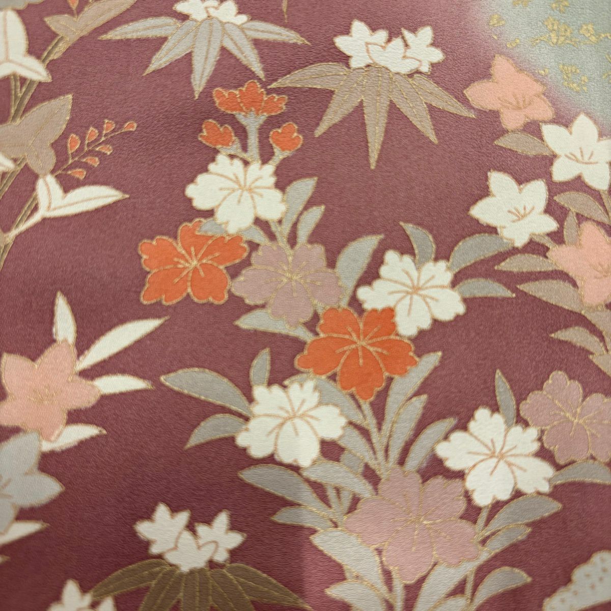 【美品】訪問服 身長158cm 袖長63.5cm S 雙層 秋草 金彩裝飾 染分 灰綠 純蠶絲 秀品級
