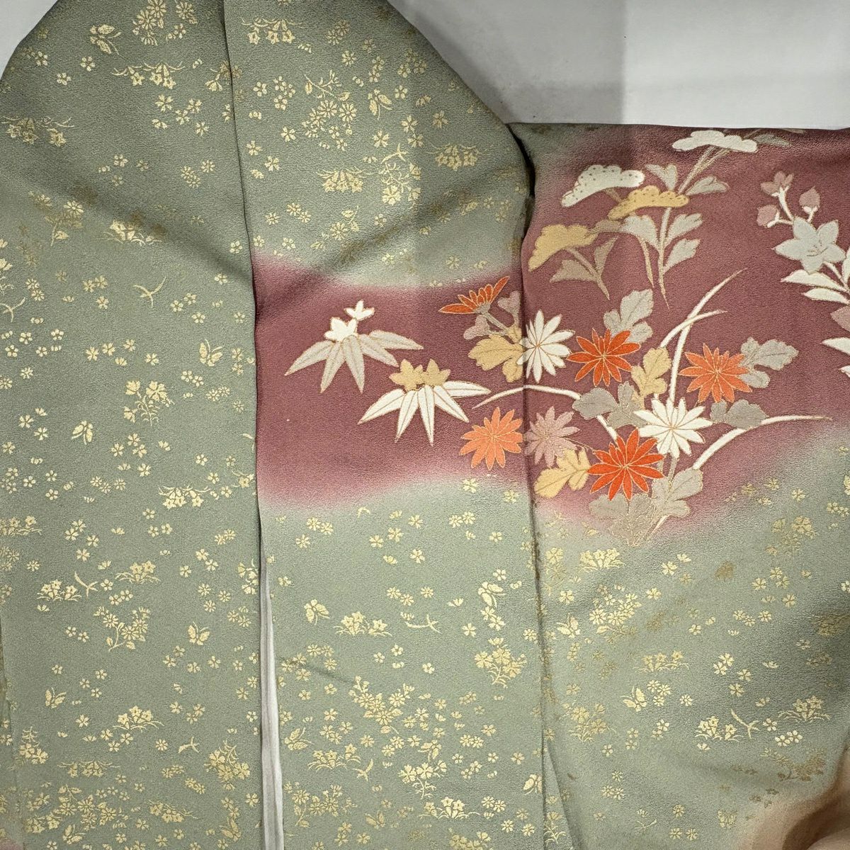 【美品】訪問服 身長158cm 袖長63.5cm S 雙層 秋草 金彩裝飾 染分 灰綠 純蠶絲 秀品級