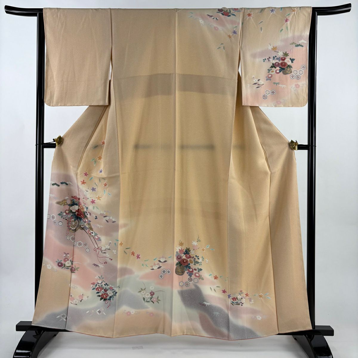 訪問服 身長160.5cm 袖長64.5cm M 雙層 花車 松樹竹子梅花 金銀彩 漸層 淺橙色 純蠶絲 優品級