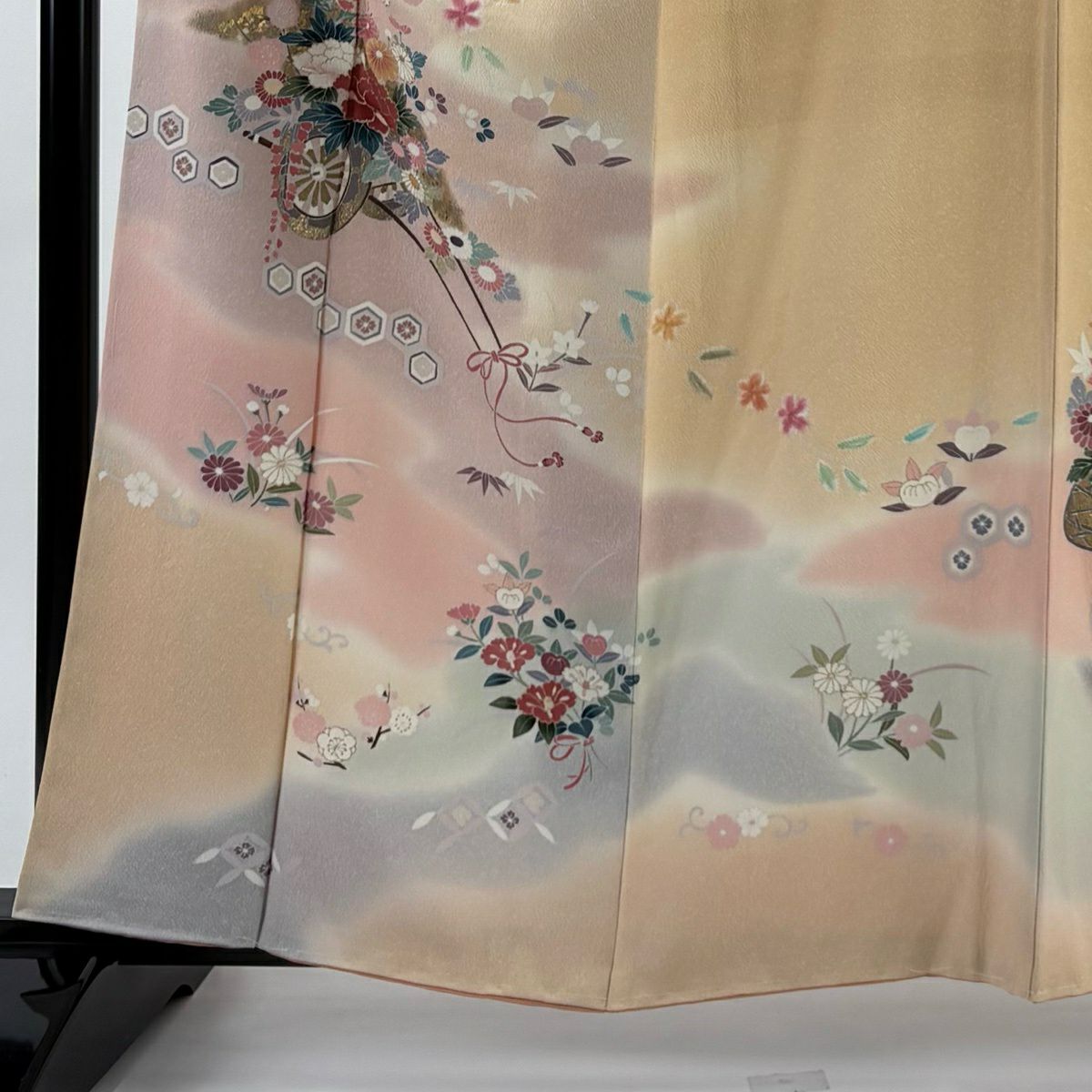 訪問服 身長160.5cm 袖長64.5cm M 雙層 花車 松樹竹子梅花 金銀彩 漸層 淺橙色 純蠶絲 優品級