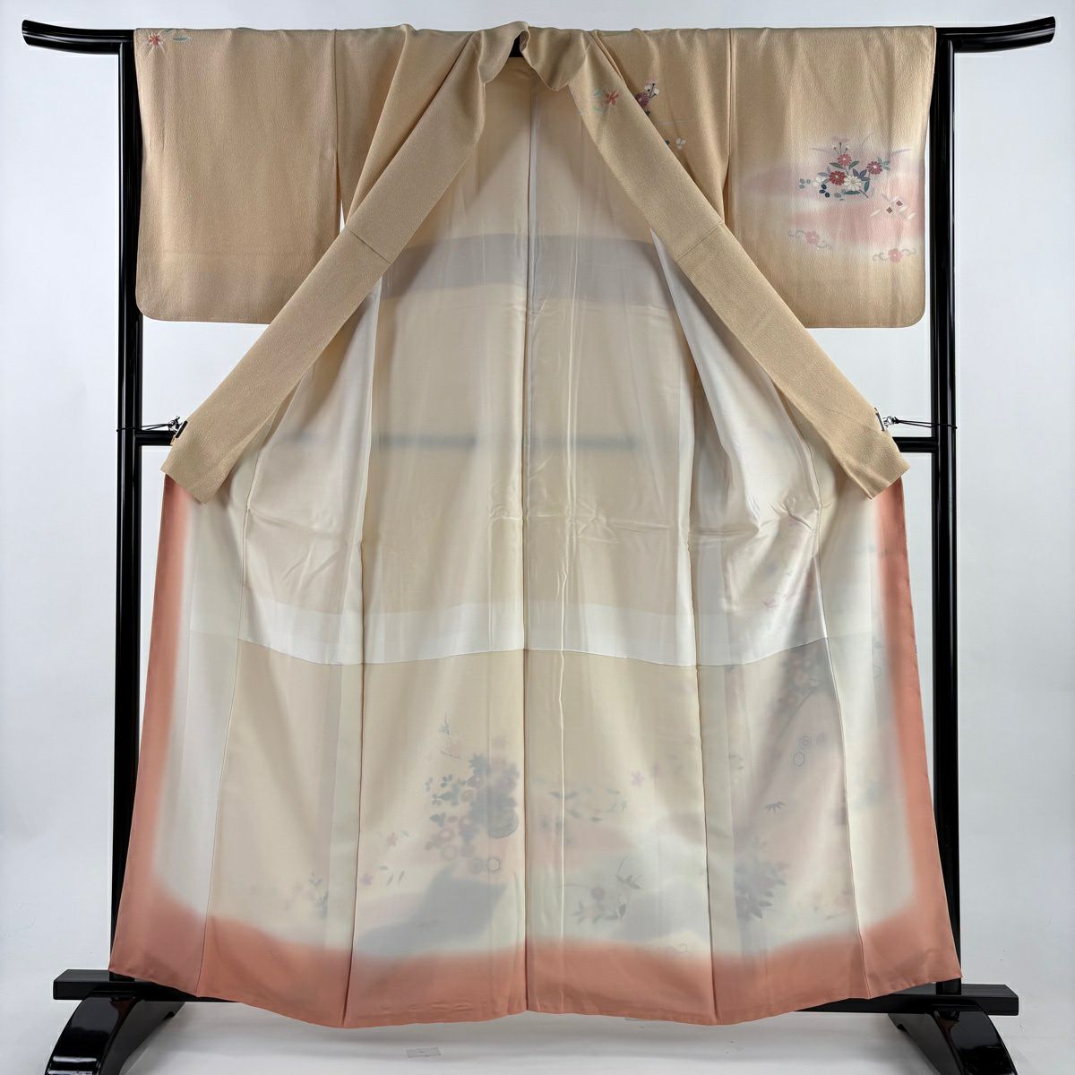 訪問服 身長160.5cm 袖長64.5cm M 雙層 花車 松樹竹子梅花 金銀彩 漸層 淺橙色 純蠶絲 優品級