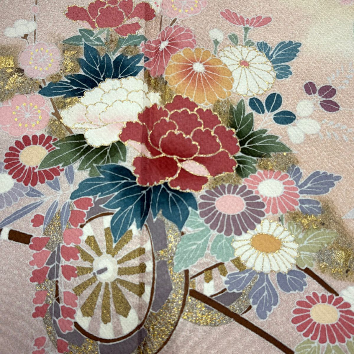 訪問服 身長160.5cm 袖長64.5cm M 雙層 花車 松樹竹子梅花 金銀彩 漸層 淺橙色 純蠶絲 優品級
