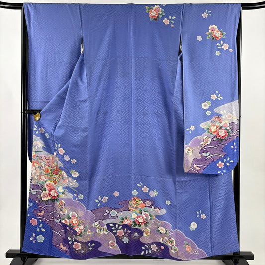 振袖禮服 身長158.5cm 袖長66cm M 雙層 落款あり 手鞠 牡丹 金絲 金銀彩 青紫 純蠶絲 秀品級