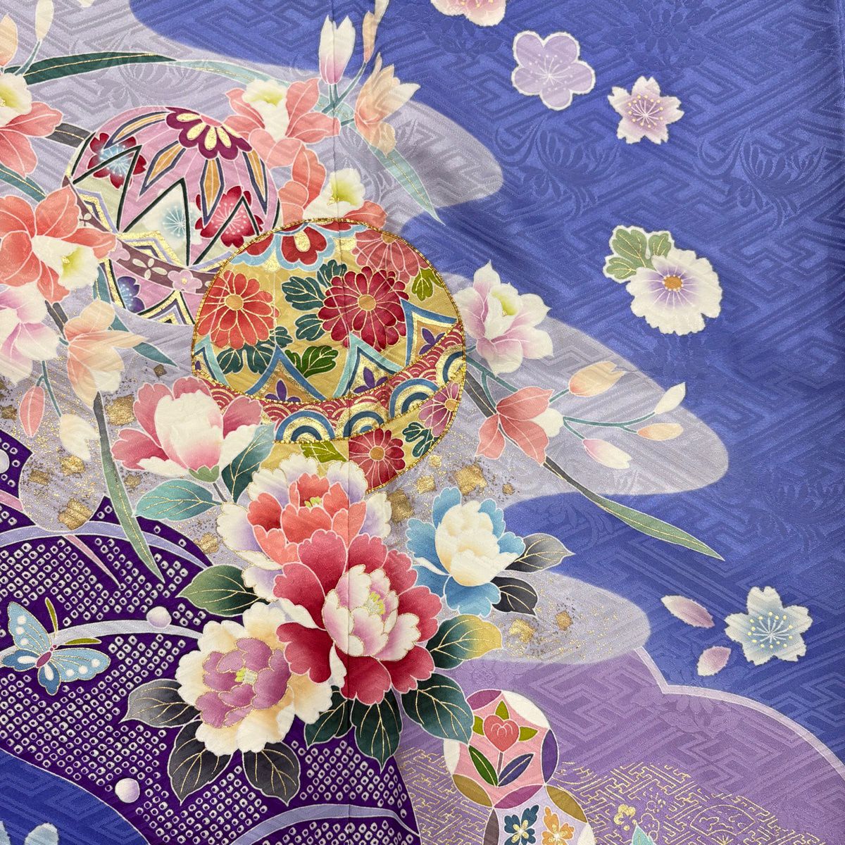 振袖禮服 身長158.5cm 袖長66cm M 雙層 落款あり 手鞠 牡丹 金絲 金銀彩 青紫 純蠶絲 秀品級