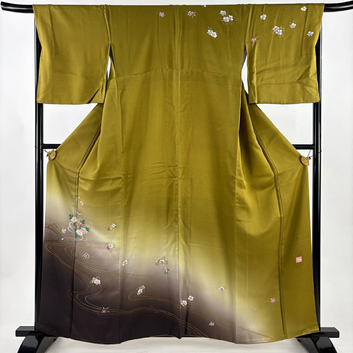 【美品】訪問服 身長161cm 袖長67cm M 雙層 落款有 流水 菊花 金銀彩 漸層 鶯色 純蠶絲 優品級