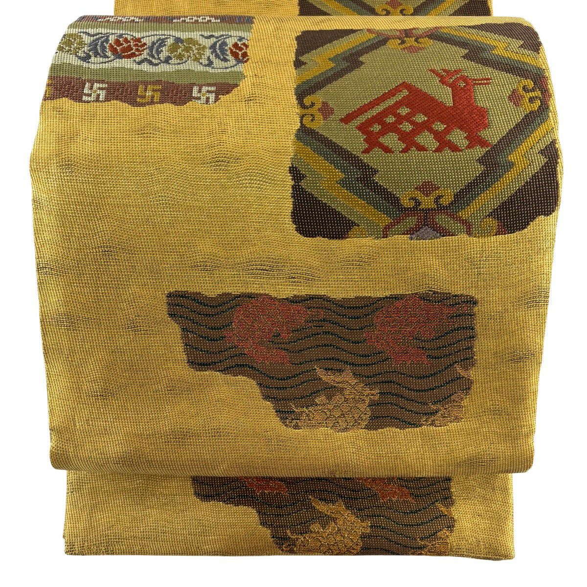 袋帶 秀品級 有栖川文 荒磯 金絲 金金箔 金色 六通 純蠶絲