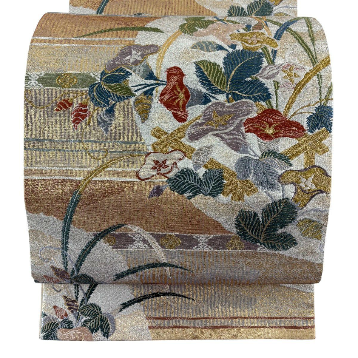 【美品】 袋帶 秀品級 彩替朝顏淀小袖 唐織 金金箔 銀 六通 純蠶絲