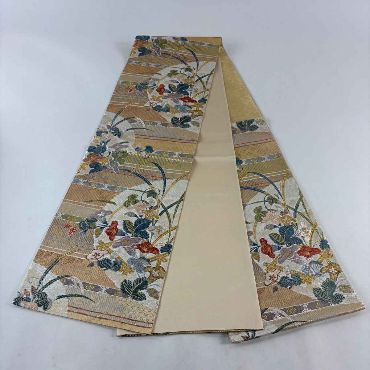【美品】 袋帶 秀品級 彩替朝顏淀小袖 唐織 金金箔 銀 六通 純蠶絲