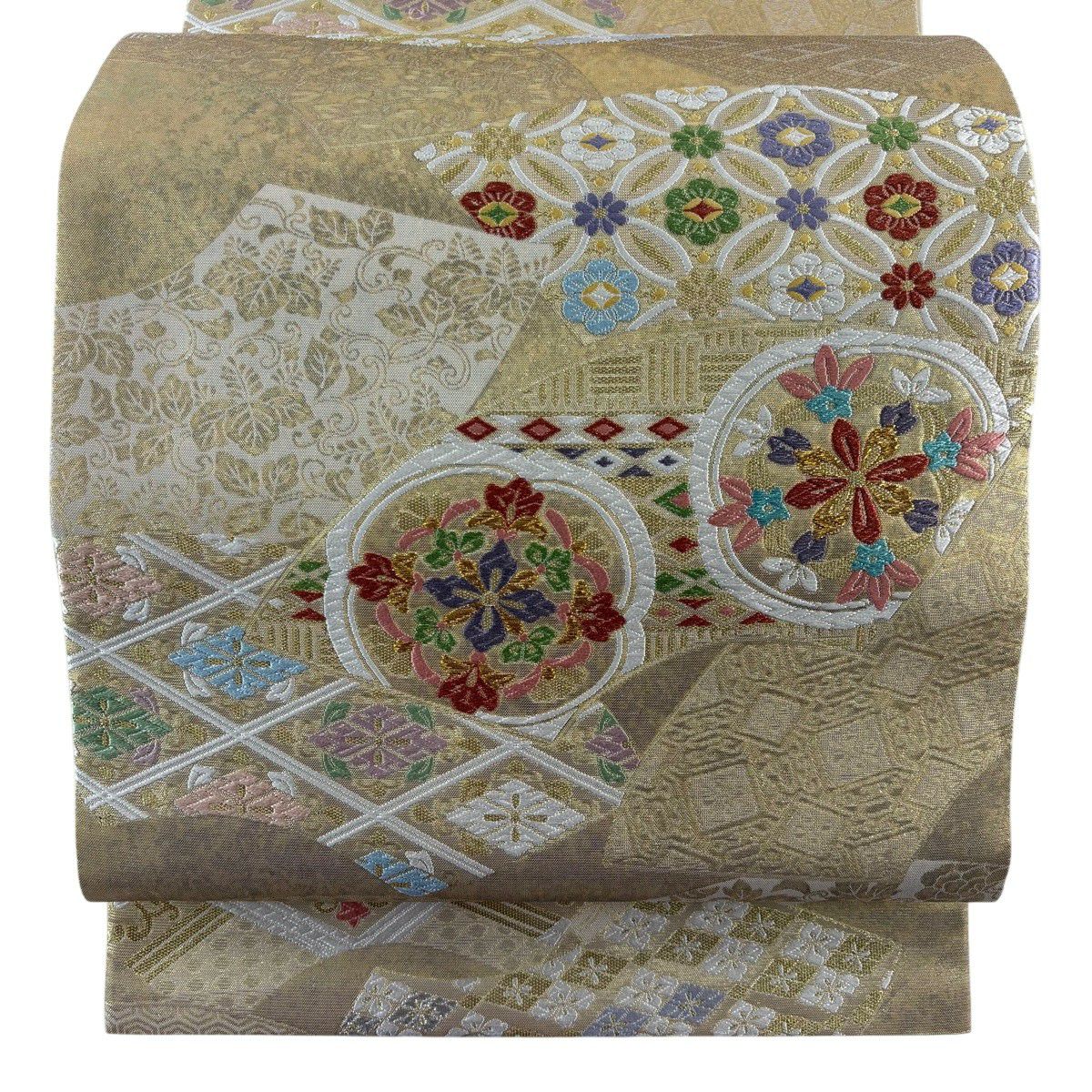 【美品】 袋帶 秀品級 本金青銅金箔 華紋 花菱 唐織 金銀糸 金色 六通 純蠶絲