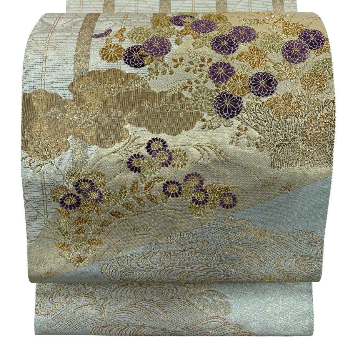 袋帶 秀品級 菊花花蒔繪幾帳紋 金絲 金金箔 金色 大鼓圖案 純蠶絲