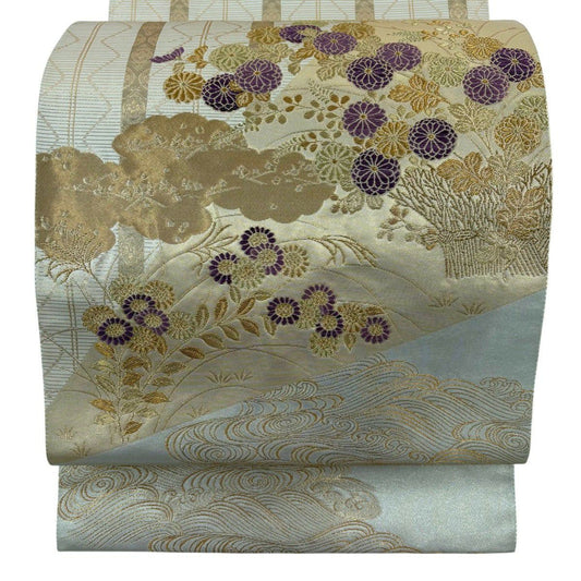 袋帶 秀品級 菊花花蒔繪幾帳紋 金絲 金金箔 金色 大鼓圖案 純蠶絲