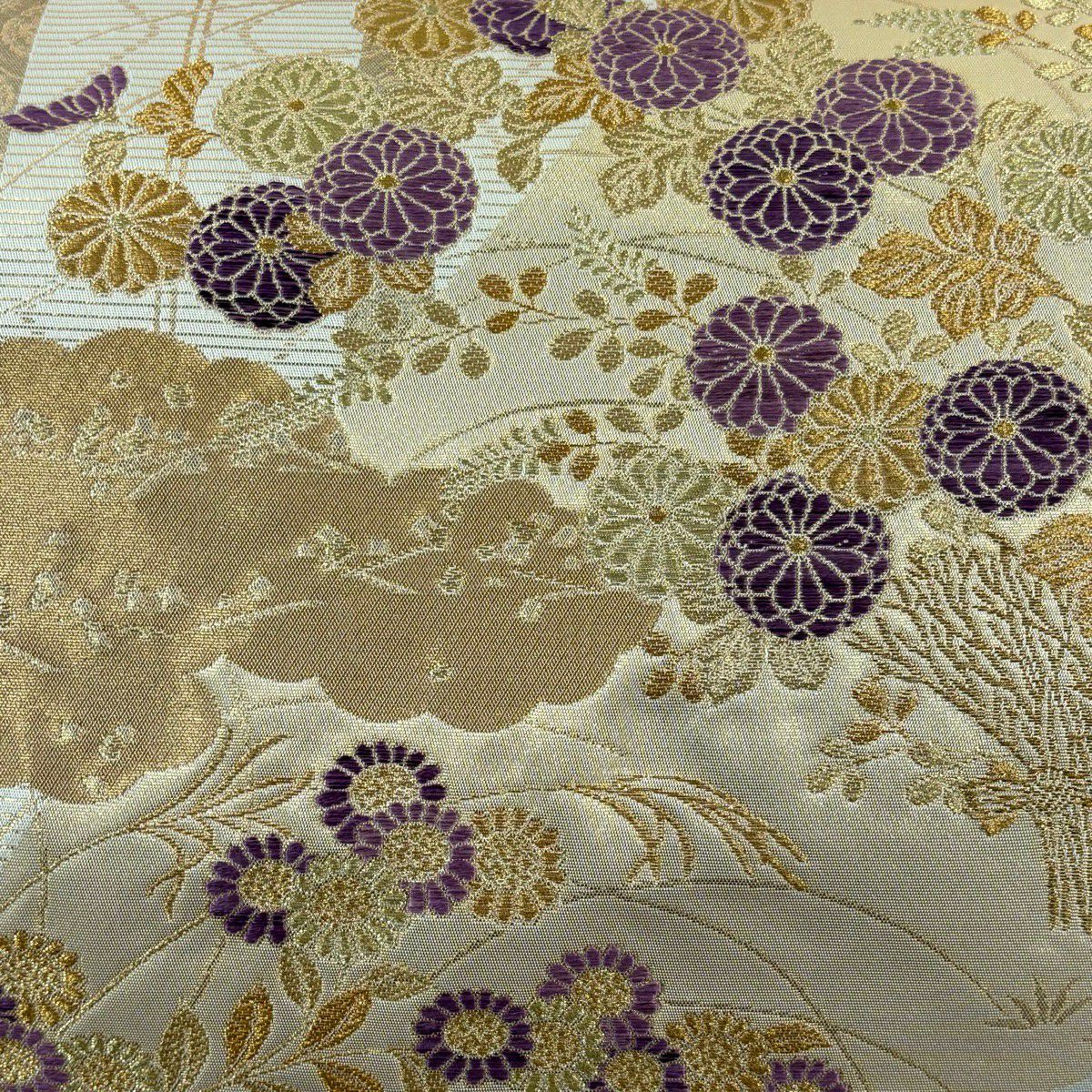 袋帶 秀品級 菊花花蒔繪幾帳紋 金絲 金金箔 金色 大鼓圖案 純蠶絲