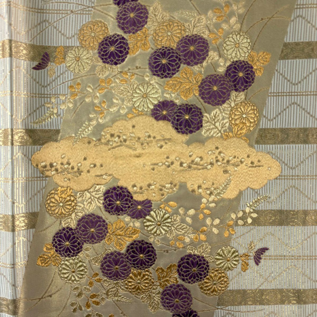 袋帶 秀品級 菊花花蒔繪幾帳紋 金絲 金金箔 金色 大鼓圖案 純蠶絲