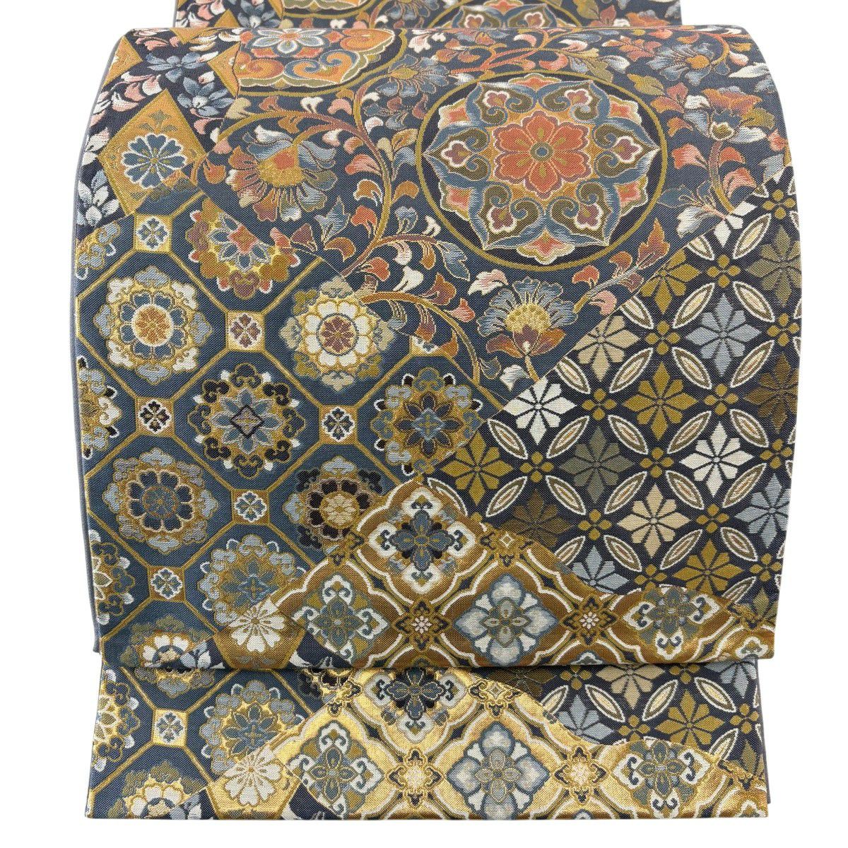 【美品】 袋帶 秀品級 華紋 花唐草紋 金絲 金金箔 灰紫 六通 純蠶絲
